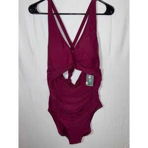 Blooming Jelly Cutout One Piece Swimsuit Criss Cross Back Tie Ruched Burgundy XL